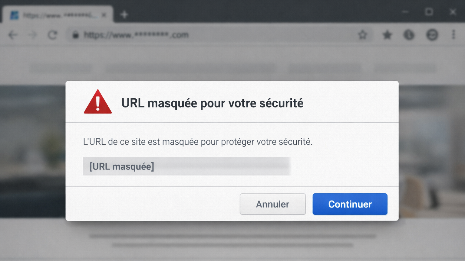 fenêtre sur site avec message "url masquée pour votre sécurité"