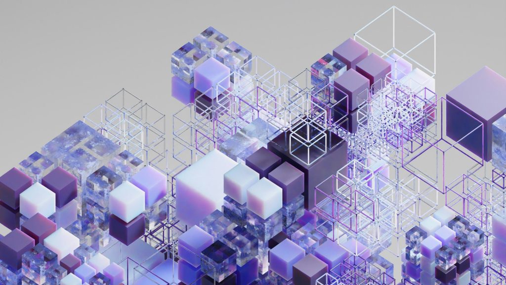 regroupement de cubes violet en 3D